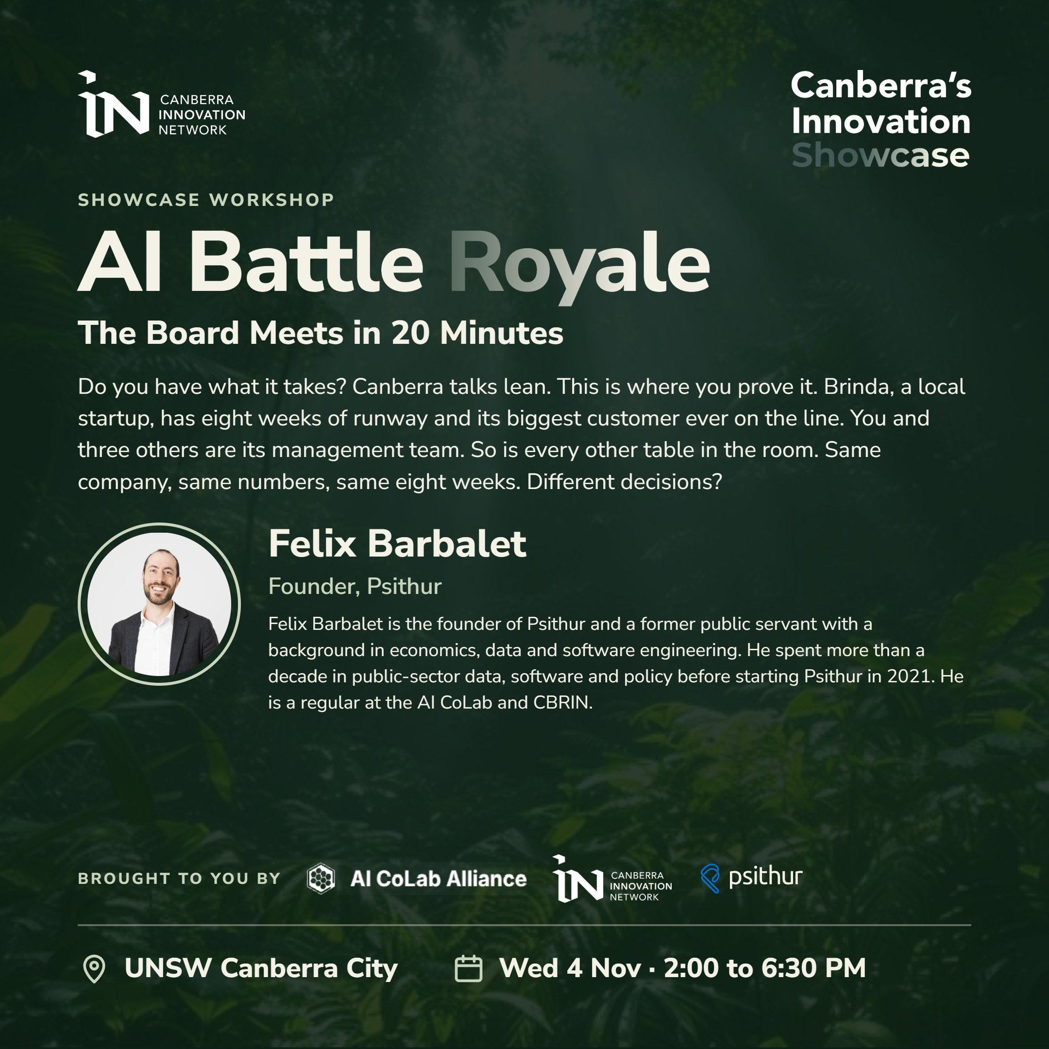 Showcase workshop flyer for AI Battle Royale: The Board Meets in 20 Minutes with Felix Barbalet